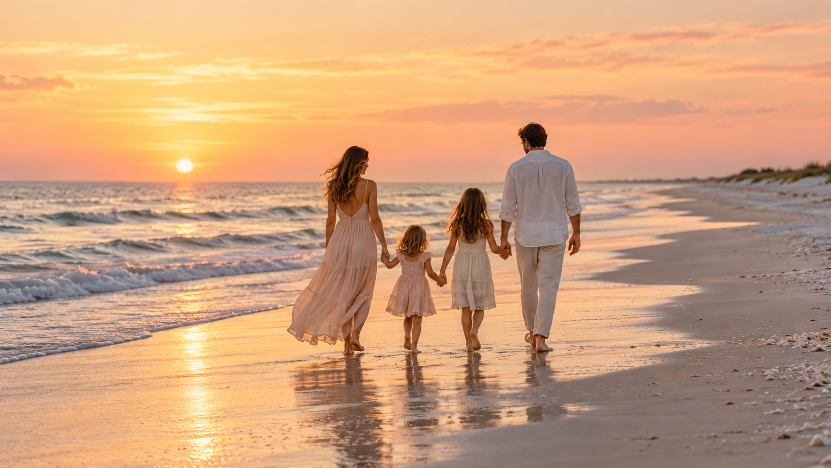 Family of four walking together on the beach at sunset
