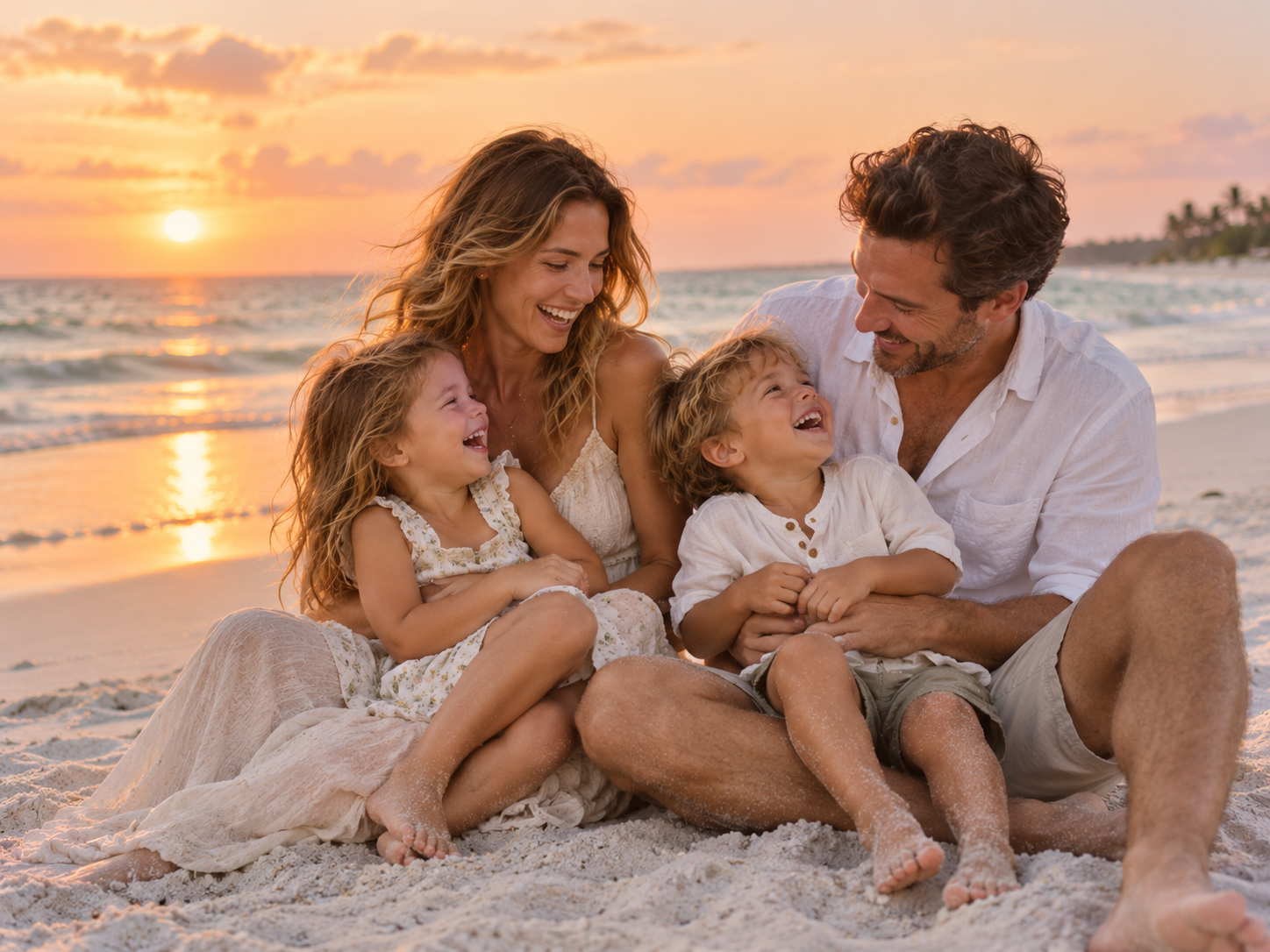 Family laughing together on the beach